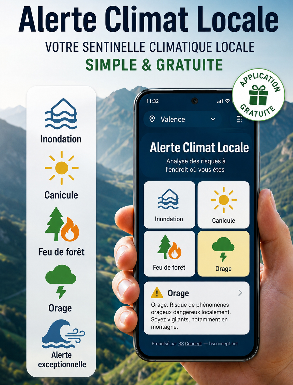 Alerte Climat Local — aperçu de l’application mobile avec les catégories inondation, canicule, feu de forêt et orage