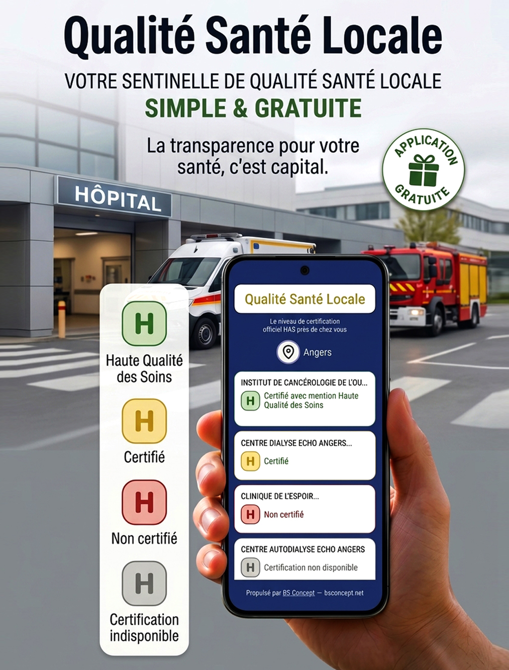 Qualité Santé Locale — aperçu de l’application mobile affichant le niveau de certification HAS des établissements de santé à proximité